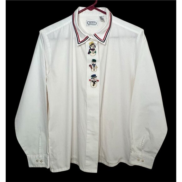 Vintage Witt Shirt Collection Size Small White Button Blouse Snowmen Embroidery - Picture 1 of 6